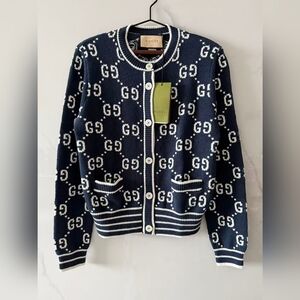 Gucci Navy Blue GG Jacquard Knit Cardigan